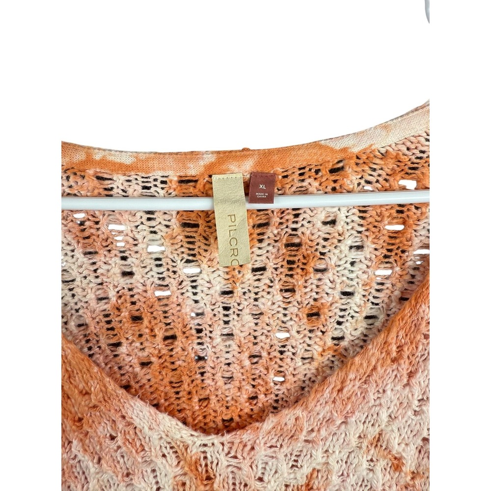 Pilcro Sweater Womens XL Orange White V Neck Open Knit Tie Dye Pullover Top - Picture 2 of 7